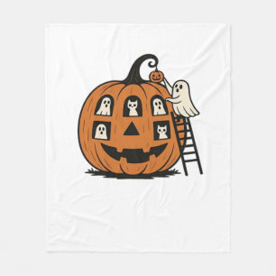 Whimsical Spooky Pumpkin with Ghosts, Cats & Hallo Fleece Blanket