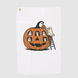 Whimsical Spooky Pumpkin with Ghosts, Cats & Hallo Golf Towel