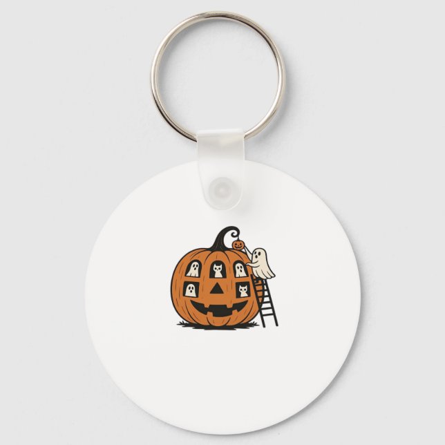 Whimsical Spooky Pumpkin with Ghosts, Cats & Hallo Key Ring (Front)