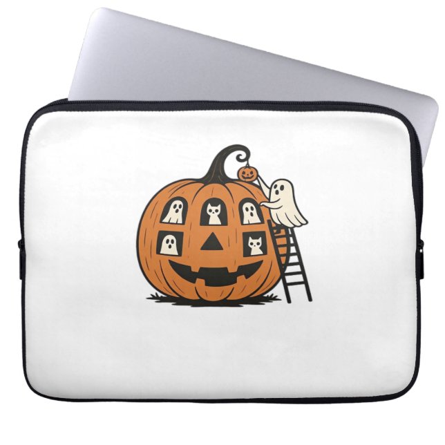 Whimsical Spooky Pumpkin with Ghosts, Cats & Hallo Laptop Sleeve (Front)
