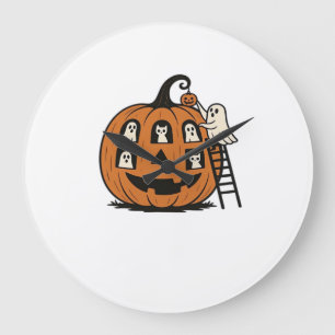 Whimsical Spooky Pumpkin with Ghosts, Cats & Hallo Large Clock