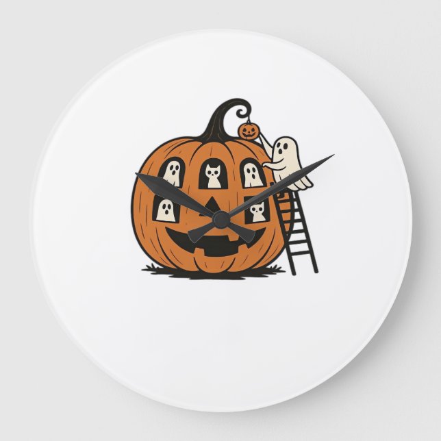 Whimsical Spooky Pumpkin with Ghosts, Cats & Hallo Large Clock (Front)