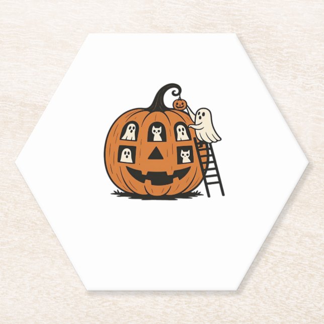 Whimsical Spooky Pumpkin with Ghosts, Cats & Hallo Paper Coaster (Front)