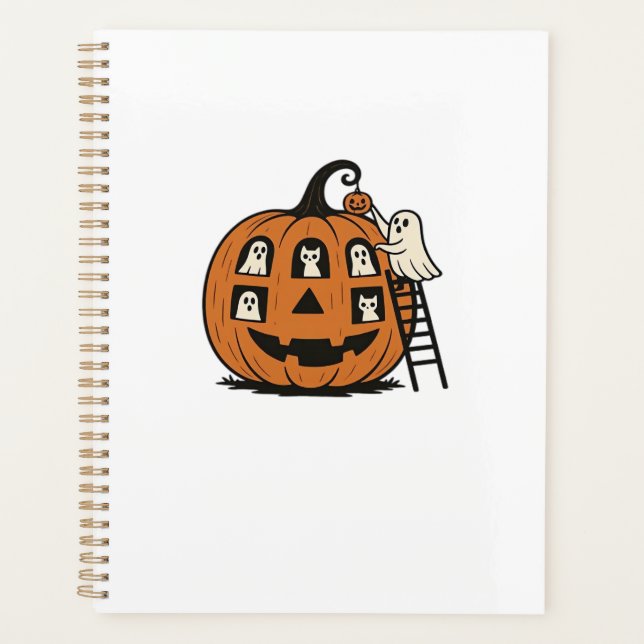 Whimsical Spooky Pumpkin with Ghosts, Cats & Hallo Planner (Front)