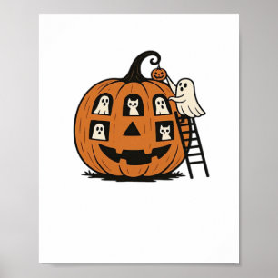Whimsical Spooky Pumpkin with Ghosts, Cats & Hallo Poster