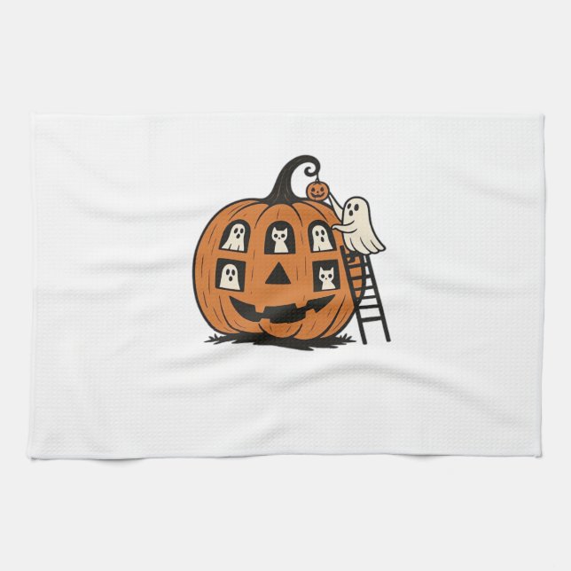 Whimsical Spooky Pumpkin with Ghosts, Cats & Hallo Tea Towel (Horizontal)