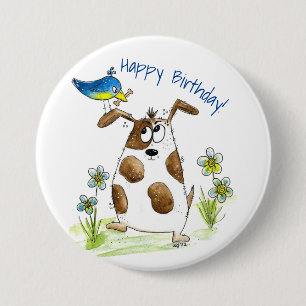 Whimsical Spotted Dog with Bird 7.5 Cm Round Badge