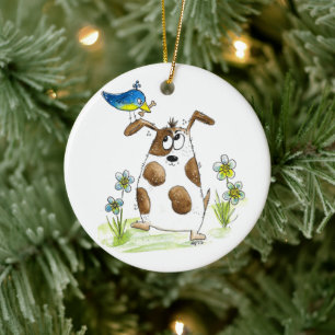 Whimsical Spotted Dog with Bird Ceramic Ornament