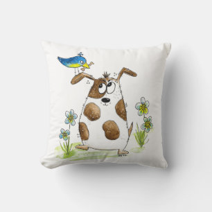 Whimsical Spotted Dog with Bird Cushion