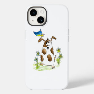 Whimsical Spotted Dog with Bird iPhone 14 Case