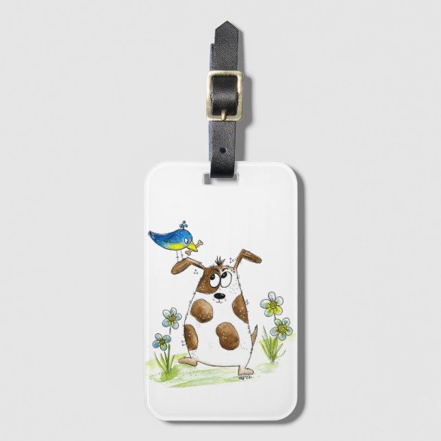 Whimsical Spotted Dog with Bird Luggage Tag (Front Vertical)