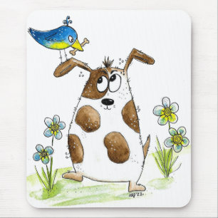 Whimsical Spotted Dog with Bird Mouse Pad
