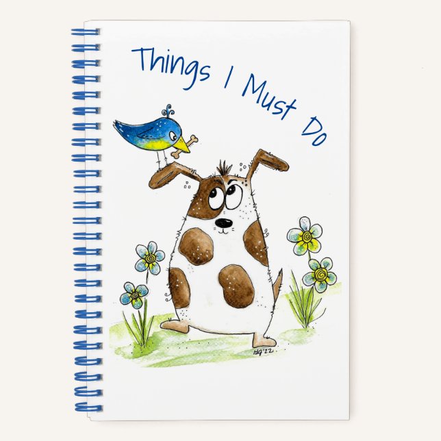 Whimsical Spotted Dog with Bird Notebook (Front)