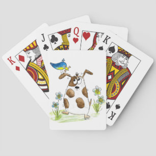 Whimsical Spotted Dog with Bird Playing Cards