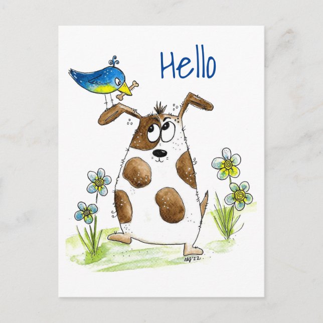 Whimsical Spotted Dog with Bird Postcard (Front)
