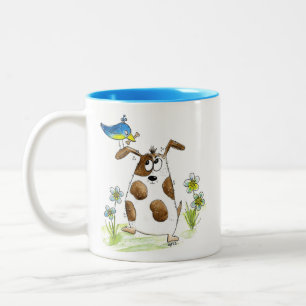 Whimsical Spotted Dog with Bird Two-Tone Coffee Mug