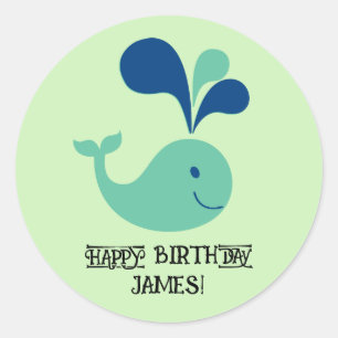 Whimsical Spouting Whale Happy Birthday Sticker! Classic Round Sticker