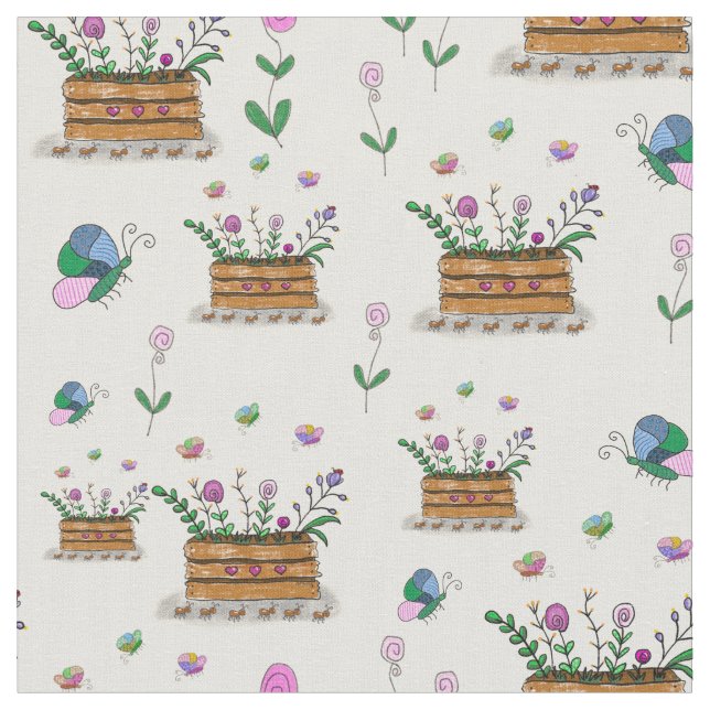 Whimsical Spring Baskets of Flowers Fabric (Close Up)