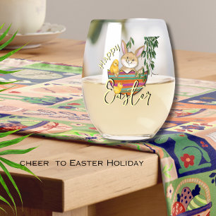 Whimsical Spring Bunny in Eggshell Stemless Wine Glass