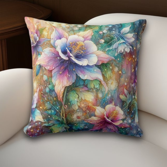Whimsical Spring Columbines Floral Watercolor  Cushion (Creator Uploaded)