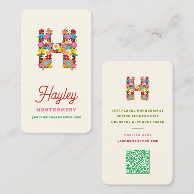 Whimsical Spring Floral H Monogram Name Creative Business Card (Front/Back)