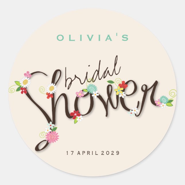 Whimsical Spring Flowers Bridal Shower Sticker (Front)