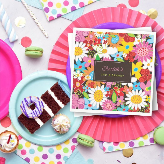 Whimsical Spring Flowers Garden Birthday Party Napkin (Colorful Whimsical Spring Flowers Garden Girl's Birthday Party Paper Napkins @ fat_fa_tin)