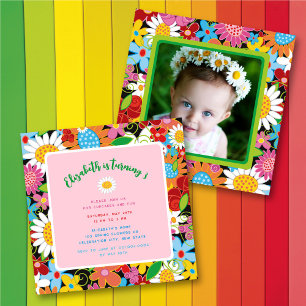Whimsical Spring Flowers Girl Birthday Party Photo Invitation