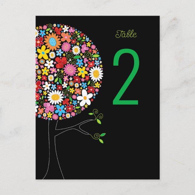 Whimsical Spring Flowers Pop Tree Table Number Postcard (Front)