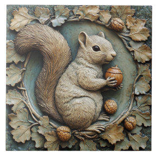 Whimsical Squirrel & Acorns Faux Relief Ceramic Tile