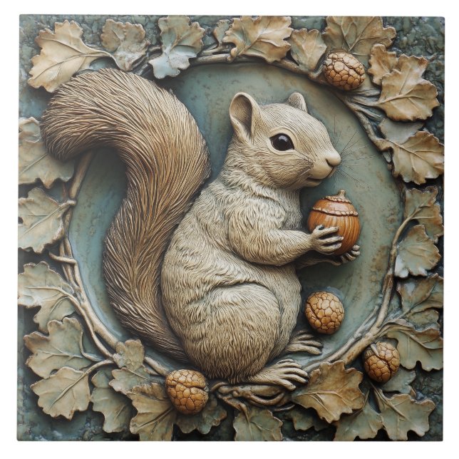 Whimsical Squirrel & Acorns Faux Relief Ceramic Tile (Front)