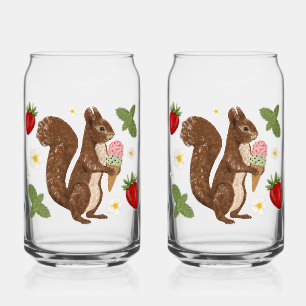 Whimsical Squirrel Ice Cream Strawberry Botanical Can Glass