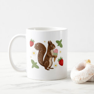 Whimsical Squirrel Ice Cream Strawberry Botanical Coffee Mug