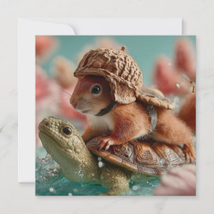Whimsical Squirrel Riding a Turtle Holiday Card
