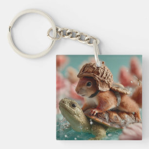 Whimsical Squirrel Riding a Turtle Key Ring