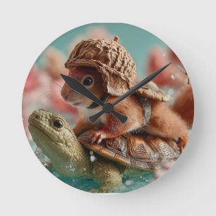 Whimsical Squirrel Riding a Turtle  Round Clock