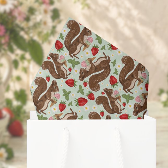 Whimsical Squirrel Strawberry Ice Cream Pattern Tissue Paper (Creator Uploaded)
