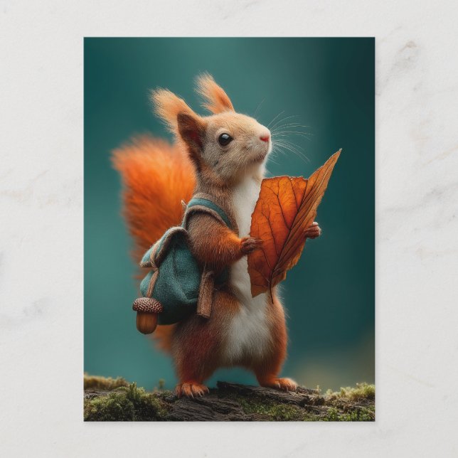 Whimsical Squirrel with a Backpack and Autumn Leaf Holiday Postcard (Front)