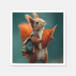 Whimsical Squirrel with a Backpack and Autumn Leaf Napkin