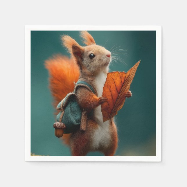 Whimsical Squirrel with a Backpack and Autumn Leaf Napkin (Front)