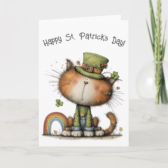 Whimsical St. Patrick’s Day Cat Cheer Card (Front)