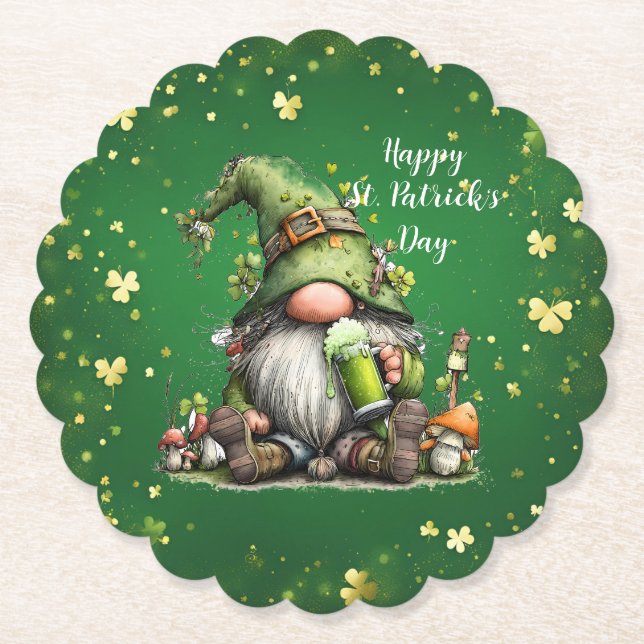 Whimsical St. Patrick’s Day Gnome Celebration Paper Coaster (Front)