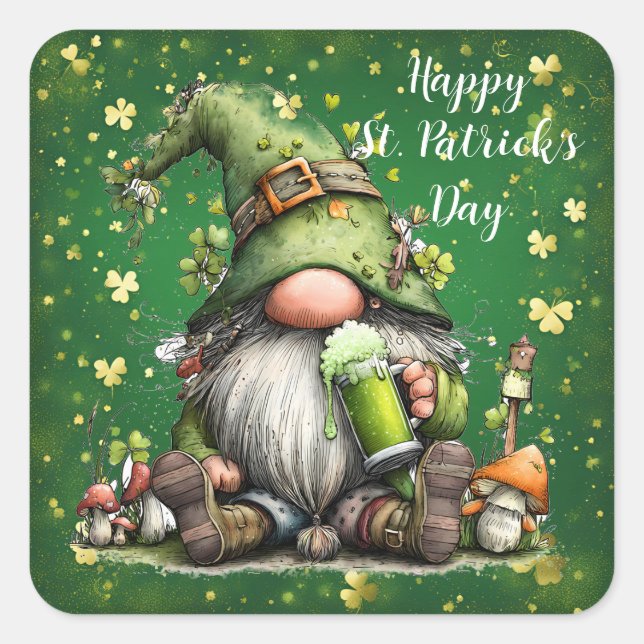 Whimsical St. Patrick’s Day Gnome Celebration Square Sticker (Front)