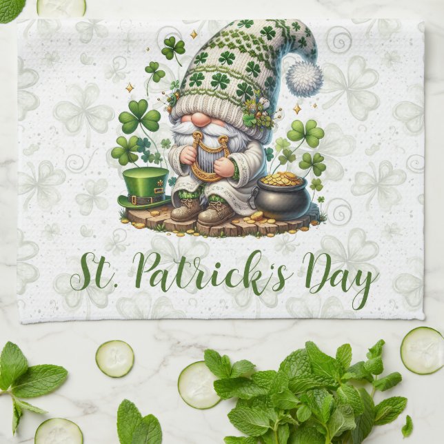 Whimsical St. Patrick’s Day Gnome  Tea Towel (Folded)