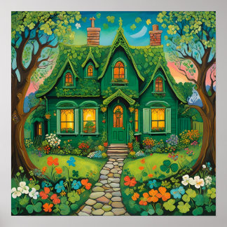 Whimsical St. Patrick’s Day Woodland Cottage.  Poster