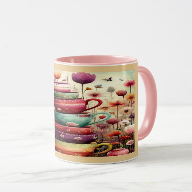 Whimsical Stacked Floral Teacups Art Mug (Front Right)
