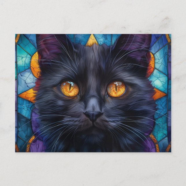 Whimsical Stained Glass Black Cat Postcard (Front)