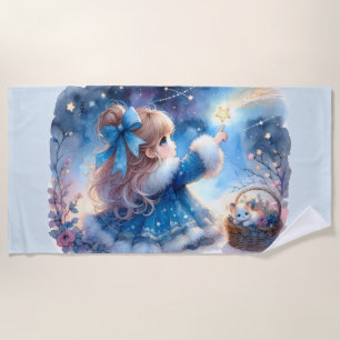 Whimsical Star Gazer Girl Watercolor Beach Towel