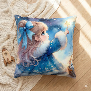 Whimsical Star Gazer Girl Watercolor Cushion