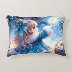 Whimsical Star Gazer Girl Watercolor Decorative Cushion